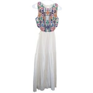 Desigual Embroidered Cut-Out Maxi Dress White Boho Ethnic Motifs XS